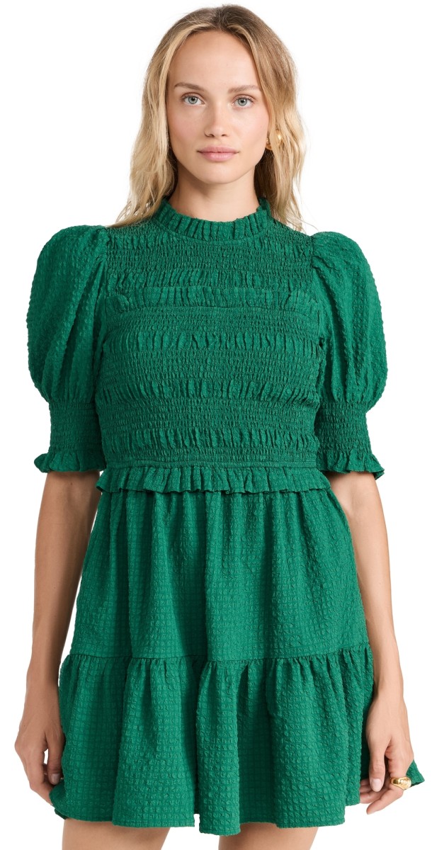 Sea Regina Seersucker Puff Sleeve Smocked Dress Green