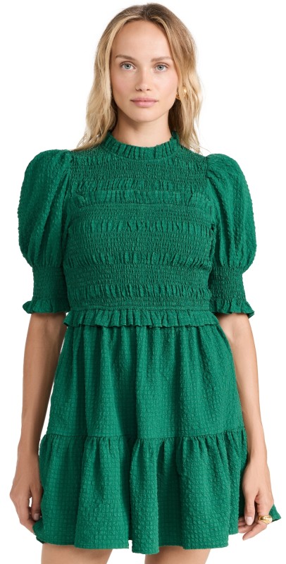 Sea Regina Seersucker Puff Sleeve Smocked Dress Green