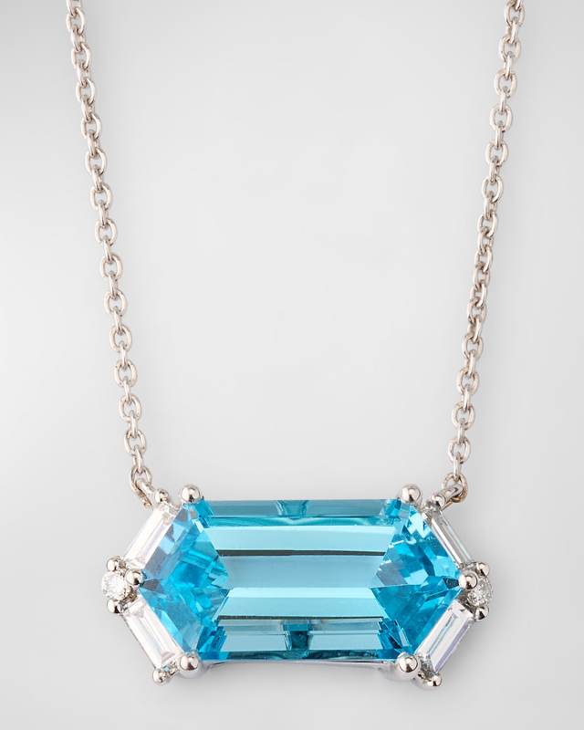 Rocks 18K White Gold Elongated Hexagon Blue Topaz and Baguette Diamond Accent Necklace