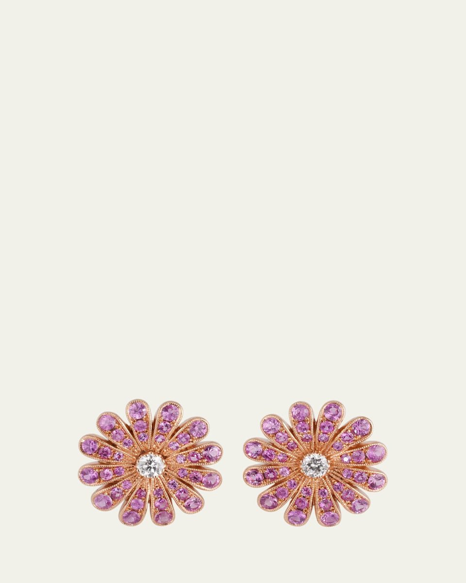 18K Rose Gold Daisy Pink Sapphire Earrings with Diamonds