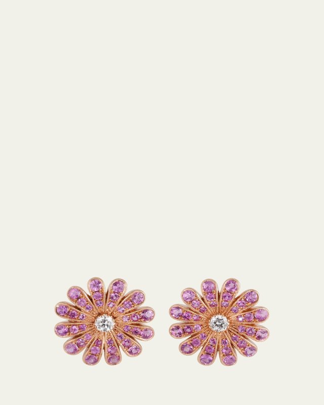 18K Rose Gold Daisy Pink Sapphire Earrings with Diamonds