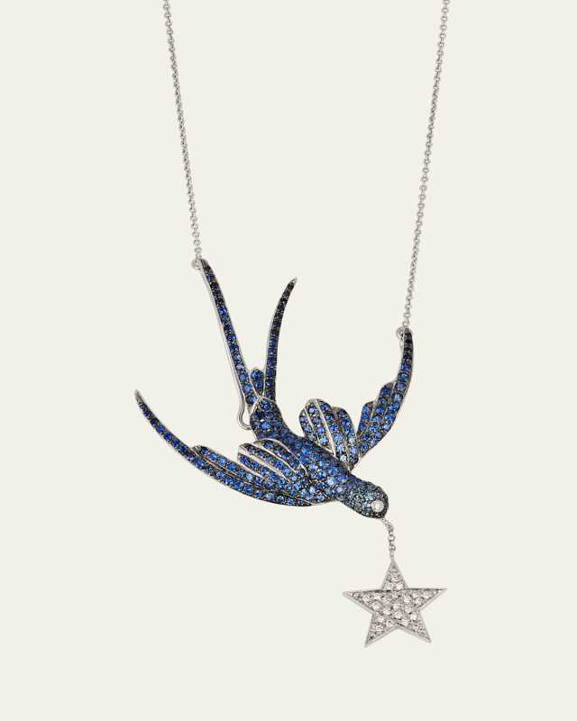 18K White Gold Swallow Necklace with Blue Sapphire and Diamonds