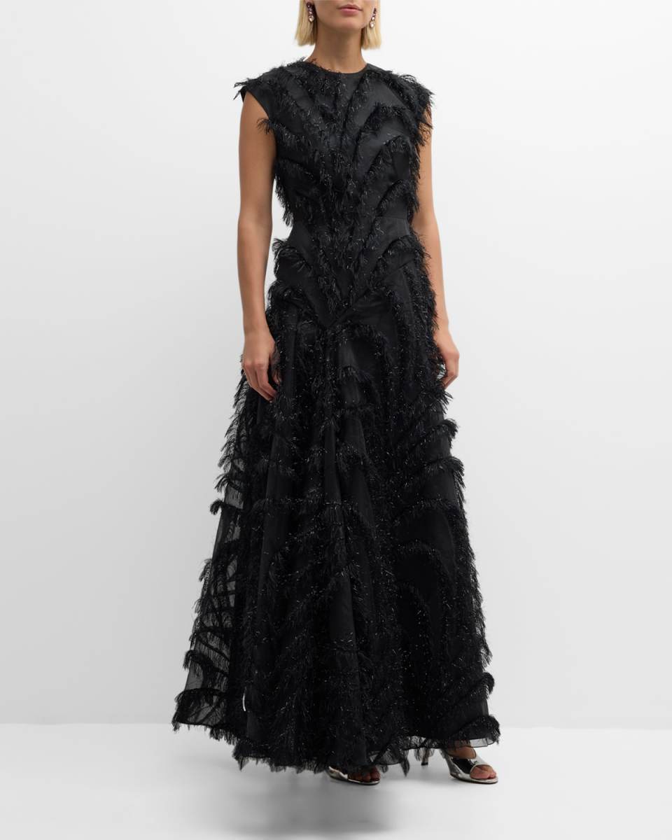Delilah Sleeveless Fringe-Trim Gown