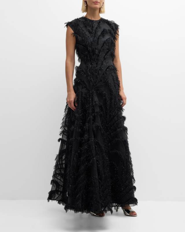 Delilah Sleeveless Fringe-Trim Gown