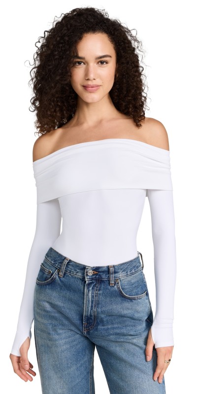 alice + olivia Elia Off Shoulder Thong Bodysuit Off White