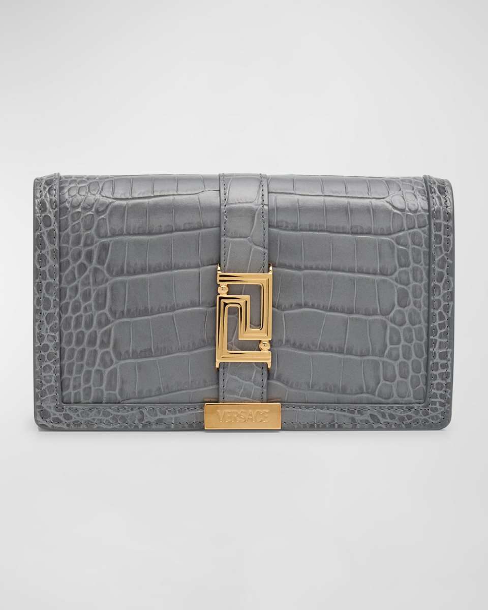 Greca Goddess Croc-Embossed Wallet on Chain