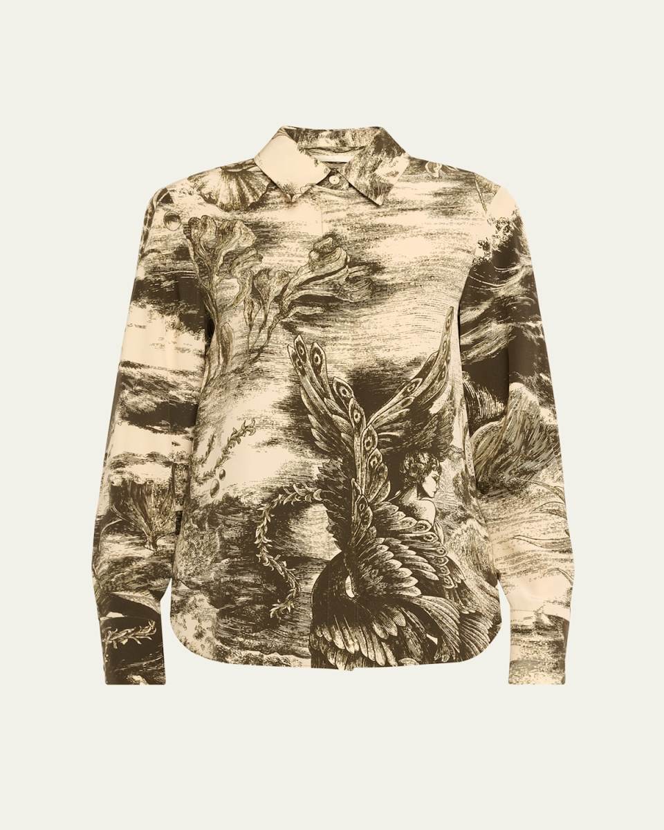 Oceanscape-Print Button Down Silk Blouse
