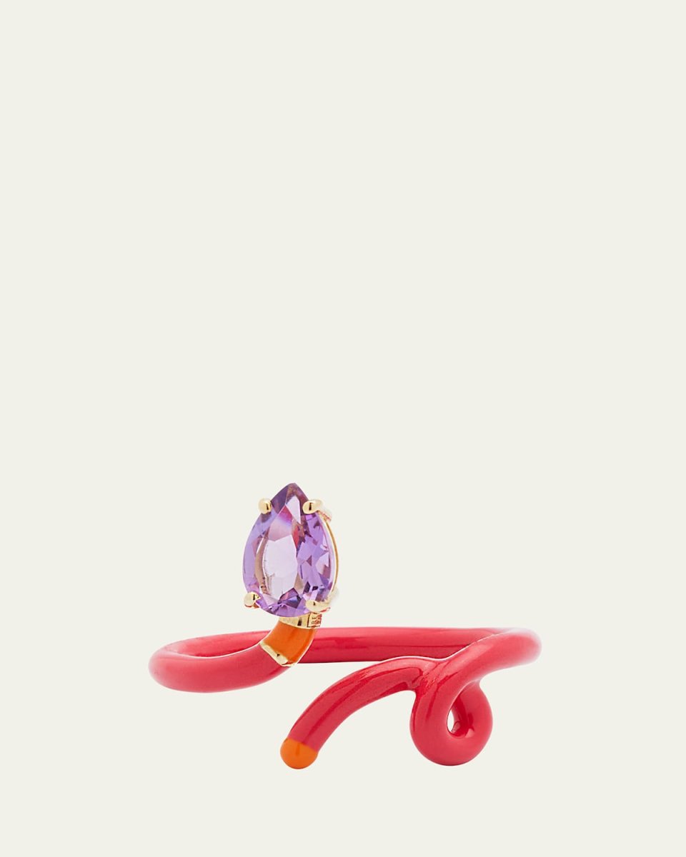 Baby Vine Ring with Drop-Cut Amethyst plus Raspberry and Orange Enamel