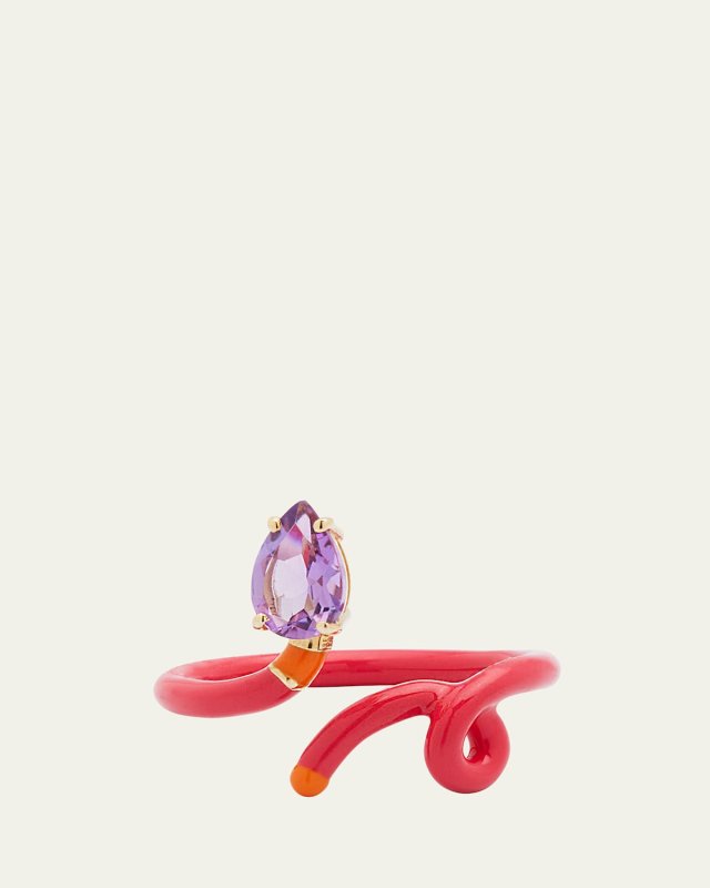 Baby Vine Ring with Drop-Cut Amethyst plus Raspberry and Orange Enamel