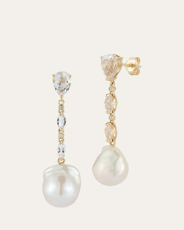 14K Baroque Pearl Duster Earrings with White Topaz