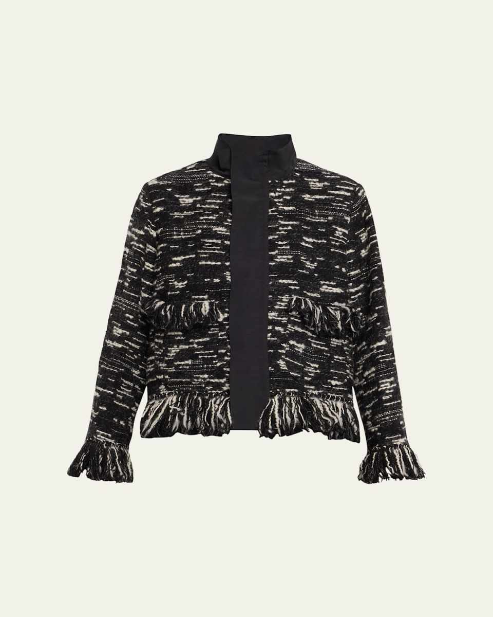 Mixed-Media Fringed Tweed and Grosgrain Jacket