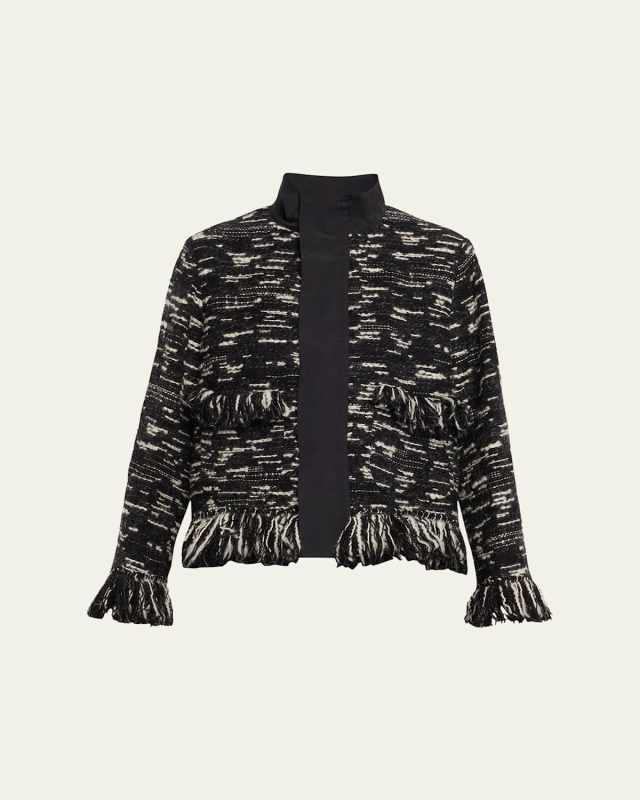 Mixed-Media Fringed Tweed and Grosgrain Jacket