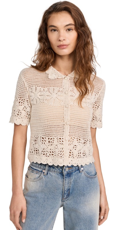 THE GREAT. The Crochet Polo Top Natural