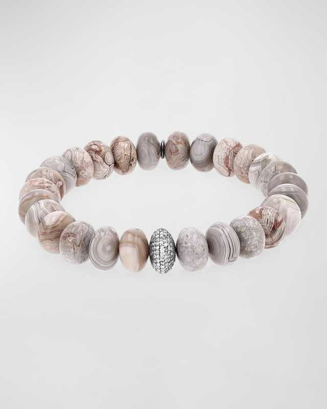 Cream Agate Beaded Bracelet with Pave Diamonds