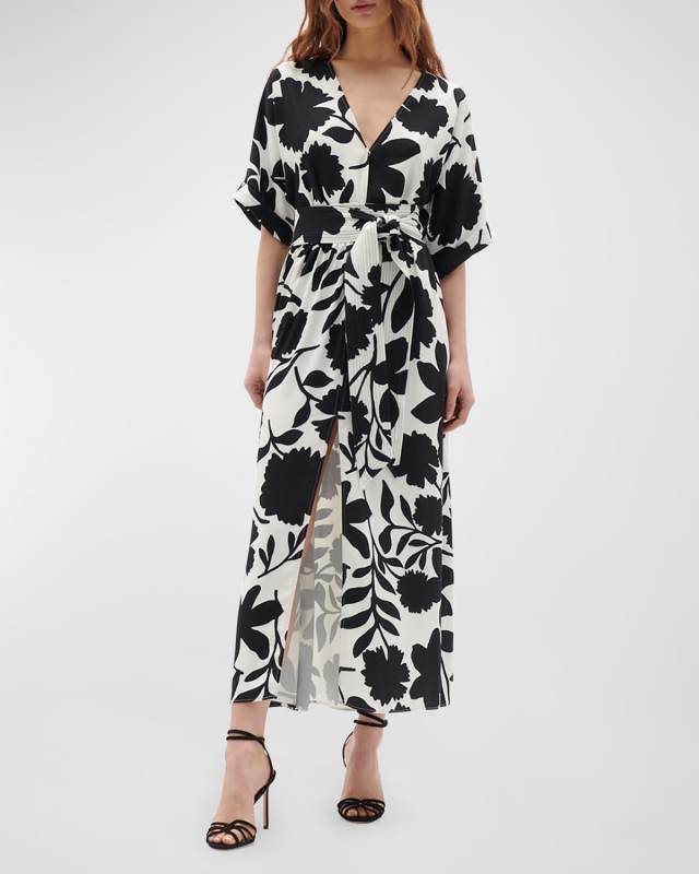 Neva Floral-Print Short-Sleeve Belted Midi Dress