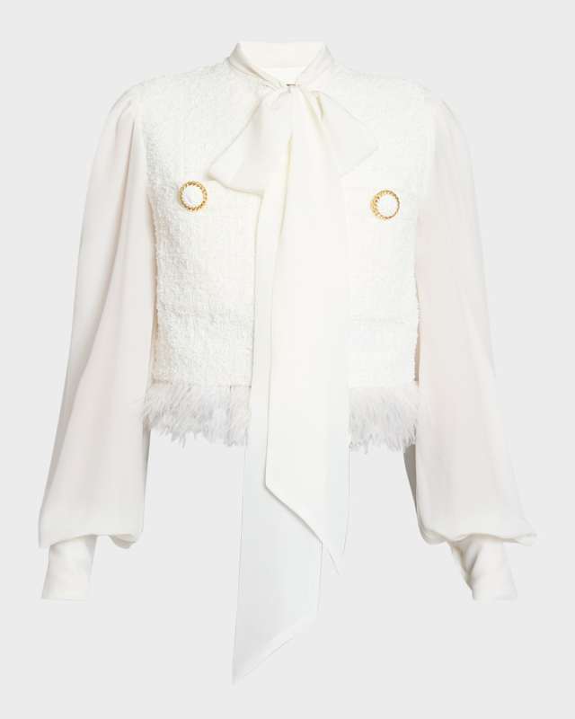 Lavalliere Fringed Tweed Jacket With Feather Trim