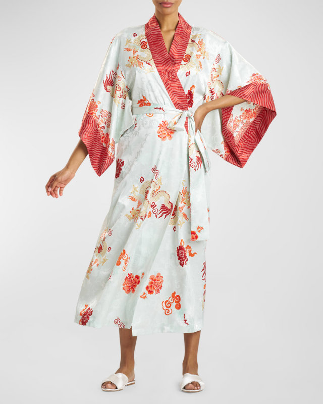 Kimono-Sleeve Dragon Jacquard Satin Rob