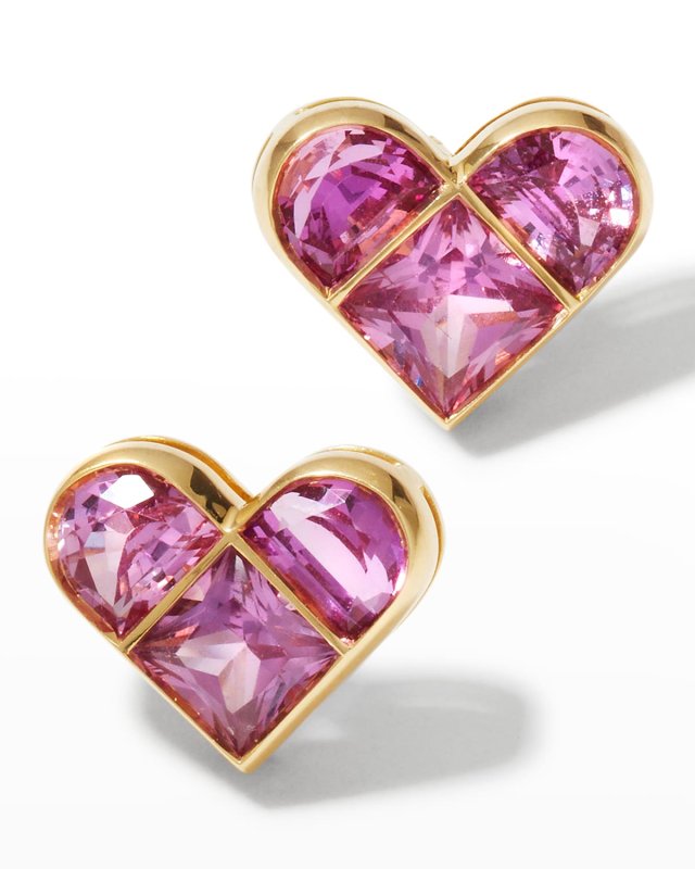 Estate Yellow Gold Pink Sapphire Heart Stud Earrings