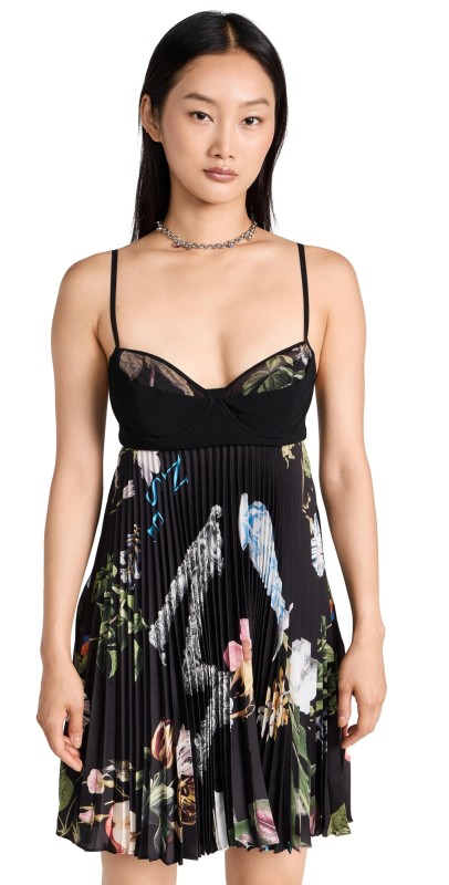 Monse Pleated Baby Doll Dress Black Print