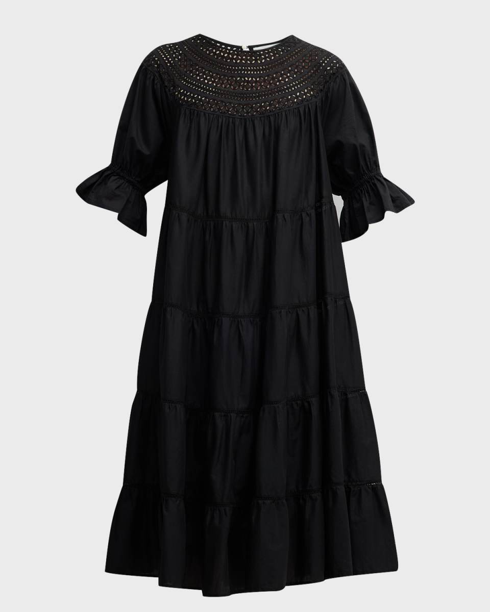 Paradis Tiered Lace-Trim Eyelet Midi Dress
