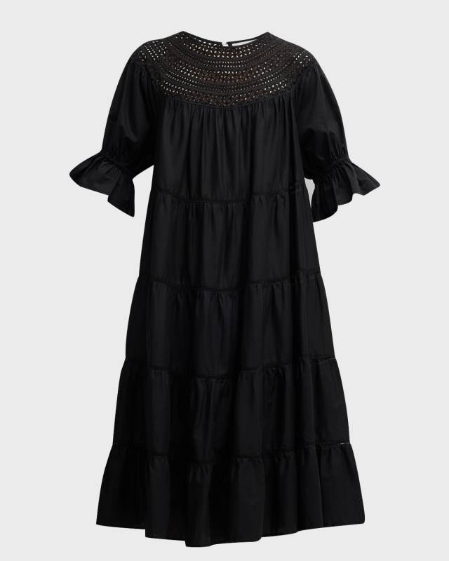 Paradis Tiered Lace-Trim Eyelet Midi Dress