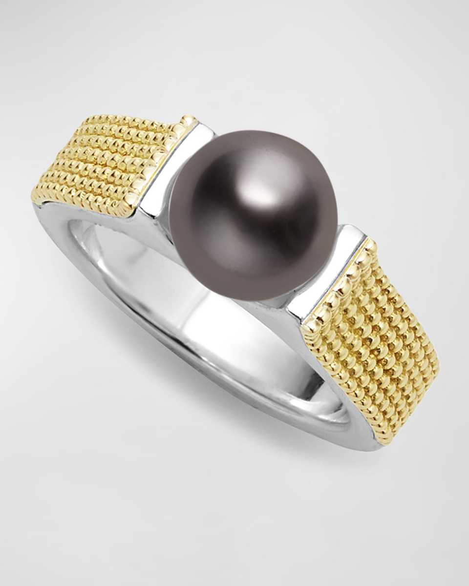 Sterling Silver 18K Luna Black Pearl Lux 8mm Caviar Statement Ring, Size