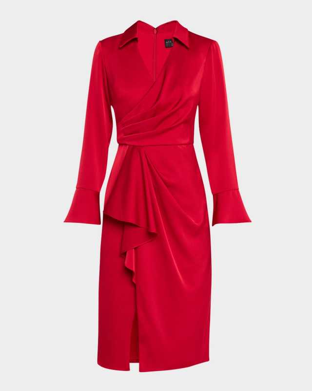 Draped Faux-Wrap Crepe Back Satin Dress