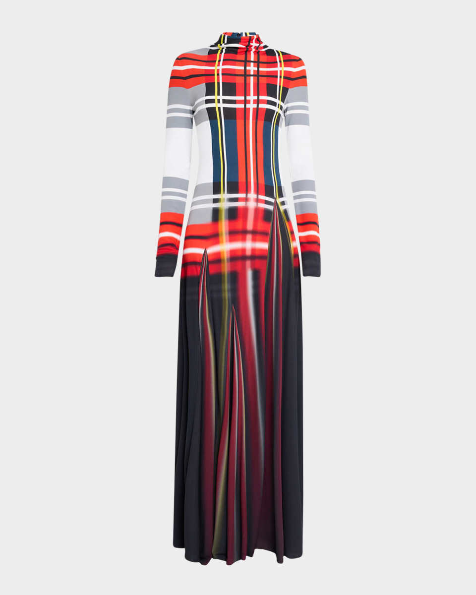 Blur Check Turtleneck Godet Maxi Dress