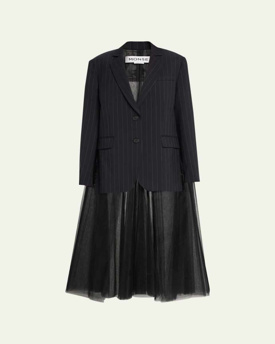 Pinstripe Wool Blazer with Long Tulle Back