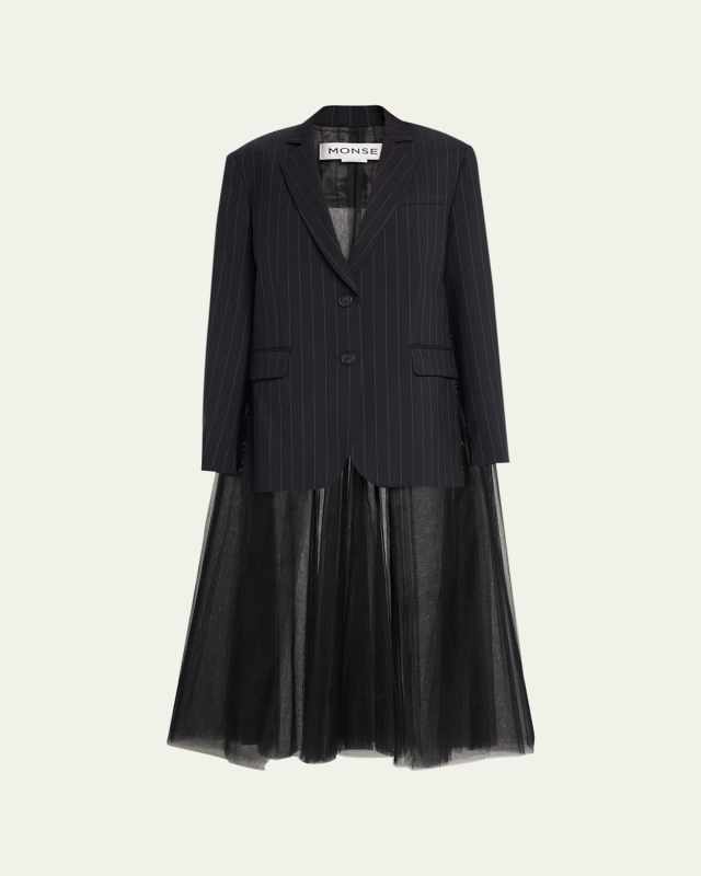 Pinstripe Wool Blazer with Long Tulle Back