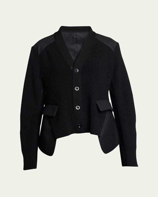 Hybrid Chalk Stripe Ribbed Wool Blazer Cardigan