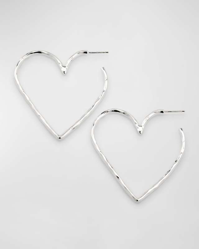 Silver Heart Hammered Skinny Hoop Earrings