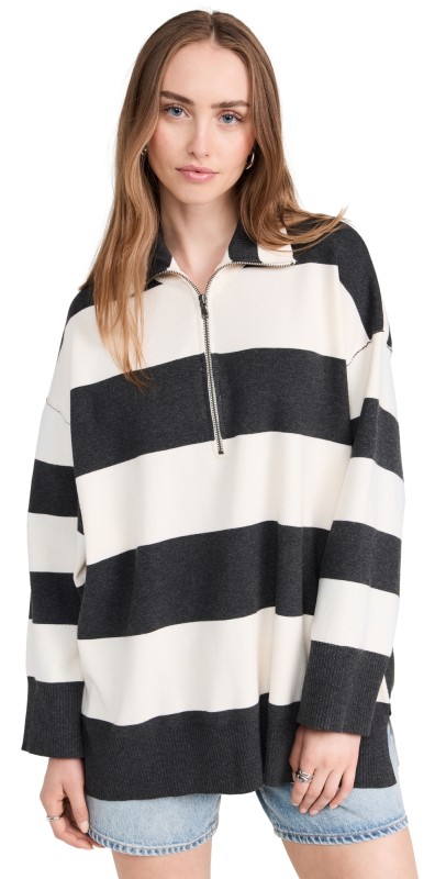 Free People Coastal Stripe Pullover Carbon Champagne