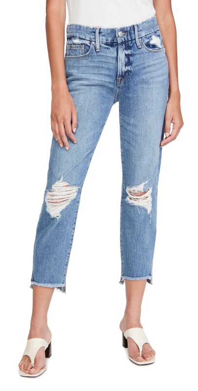 Good American Good Girlfriend Jeans with Side Step Hem Blue448