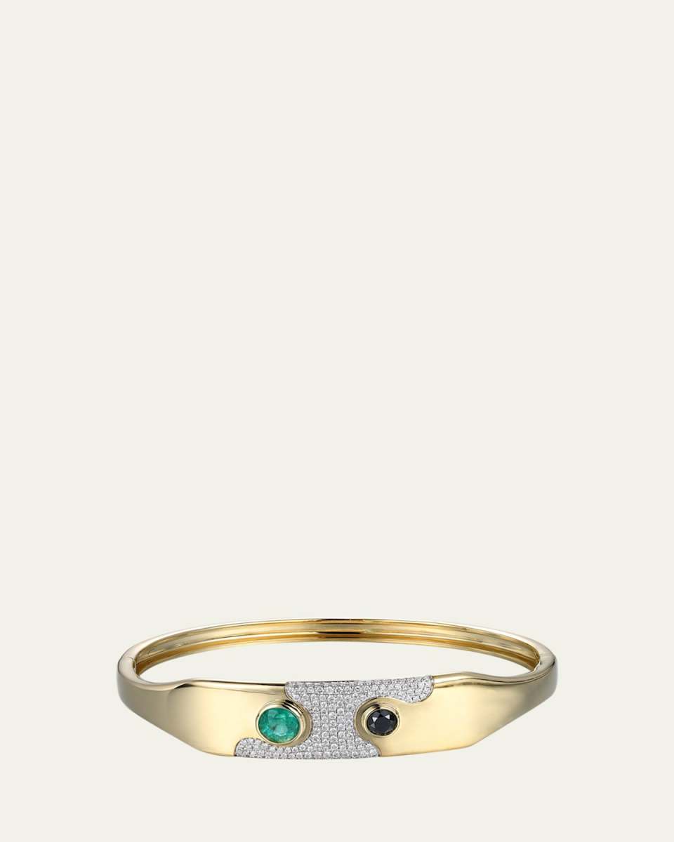 14K Yellow Gold Lava Emerald, Black Diamond and Pave Diamonds Bangle Bracelet