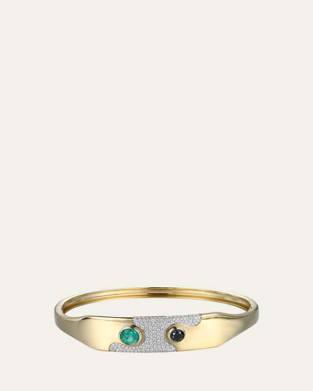 14K Yellow Gold Lava Emerald, Black Diamond and Pave Diamonds Bangle Bracelet