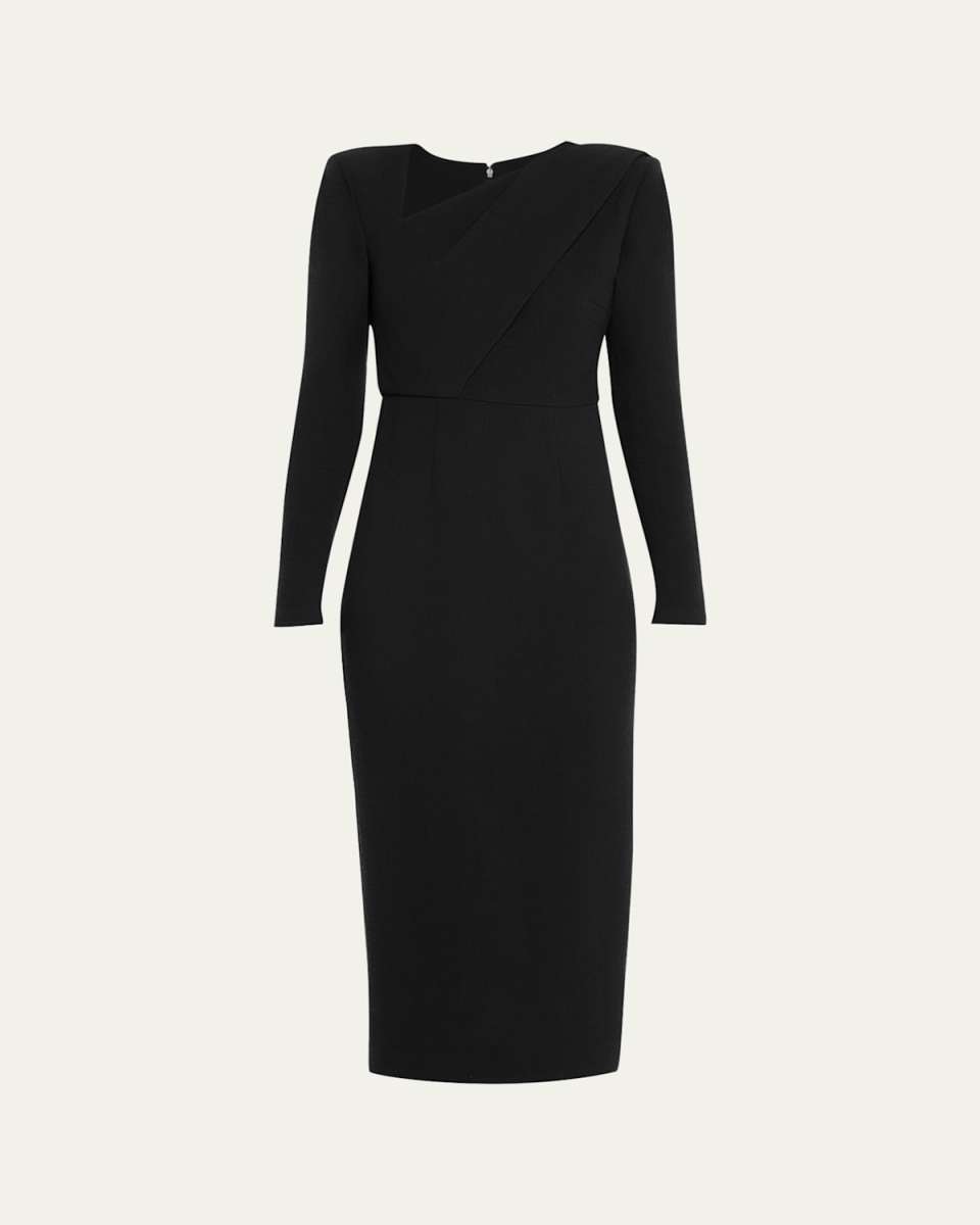 V-Neck Long-Sleeve Wool Crepe Midi Dress