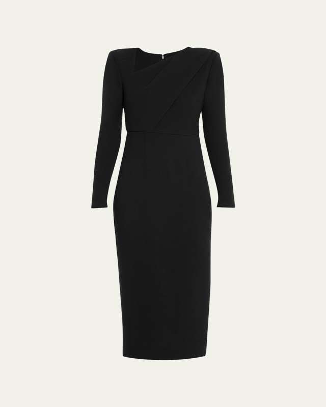 V-Neck Long-Sleeve Wool Crepe Midi Dress