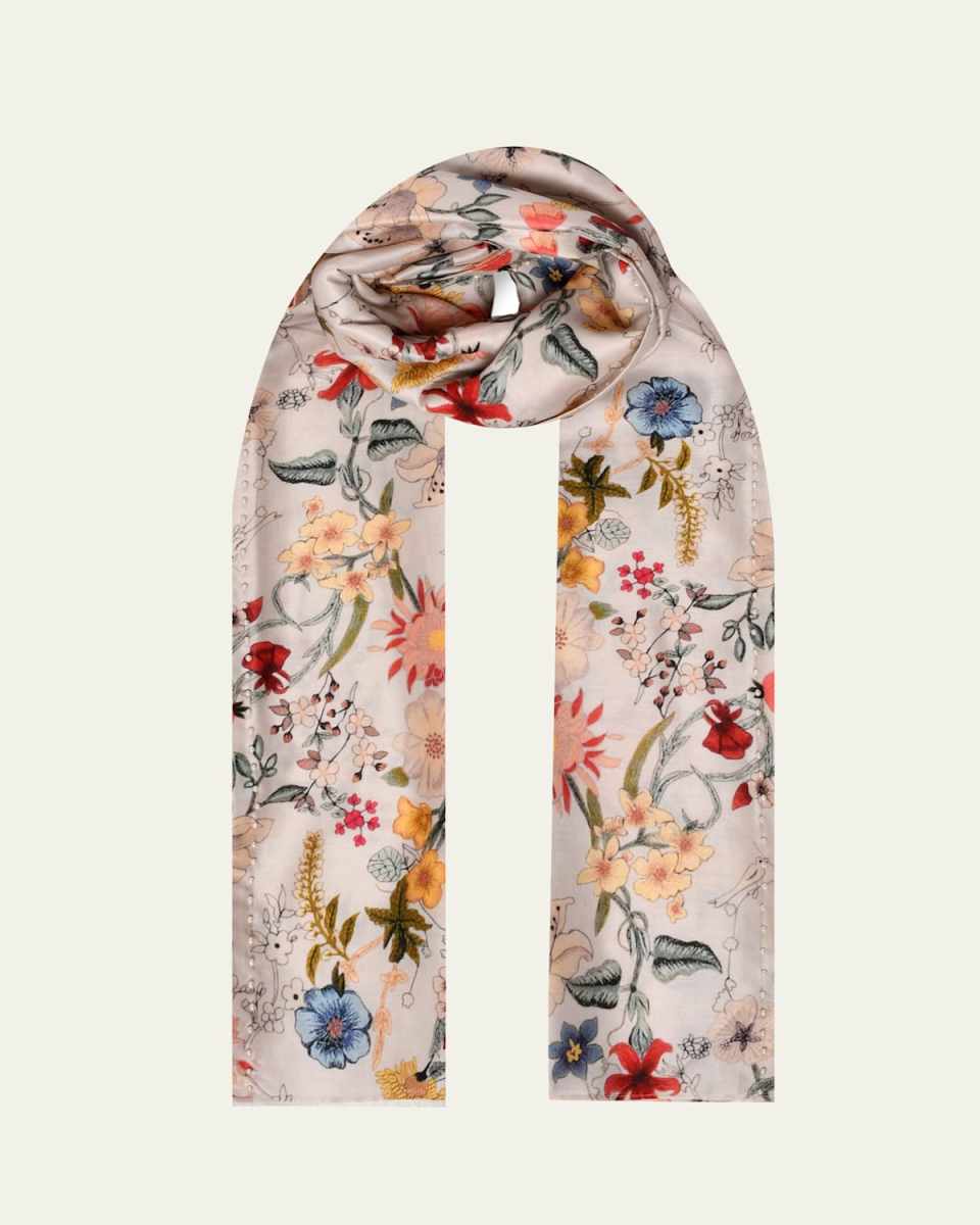 Pearly Floral Print Merino Wool Scarf