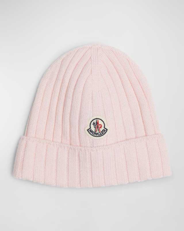 Girl's Ribbed Wool Beanie with Logo Patch, Size XXXS-XS
