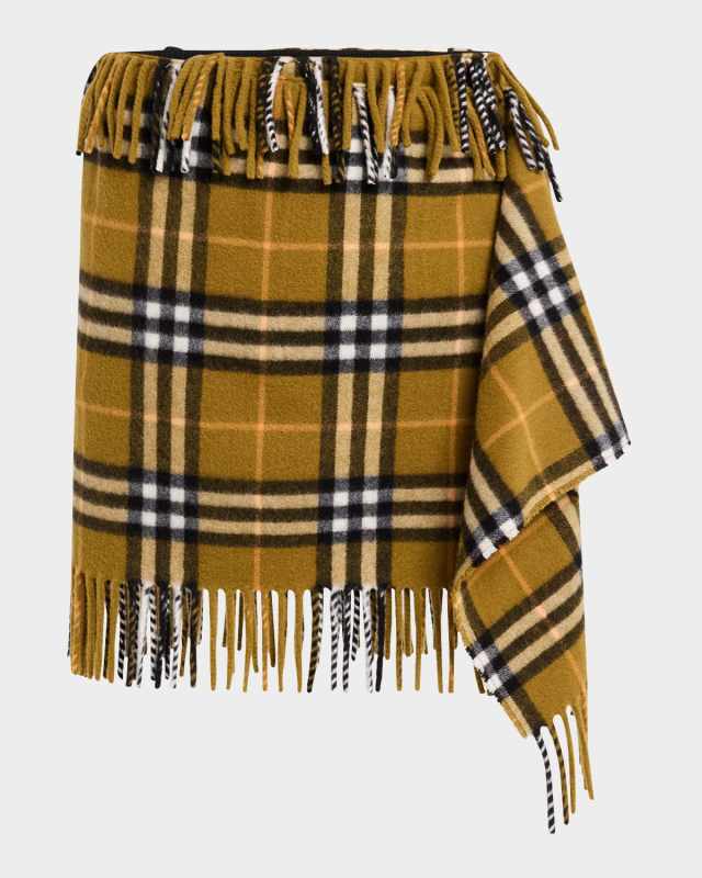 Check Wrap Mini Skirt With Fringe
