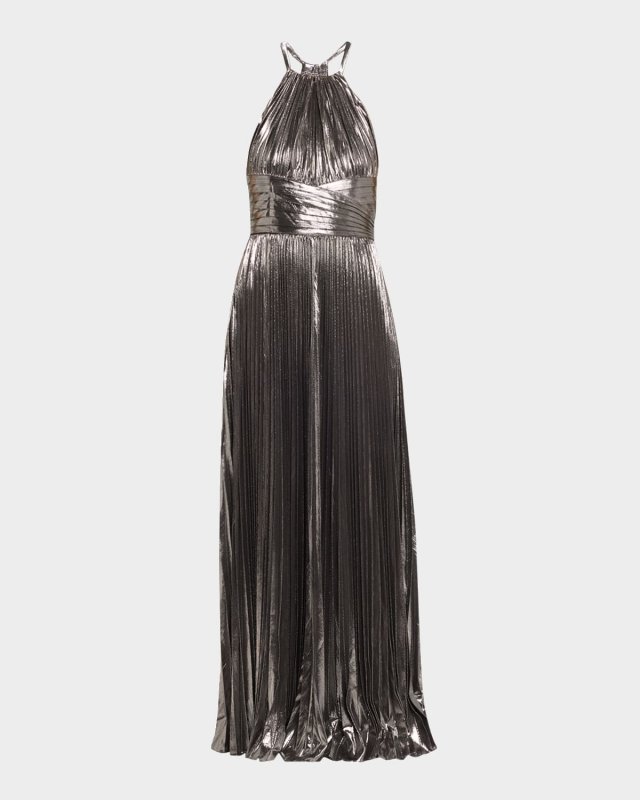 Reiss Metallic Backless Tie-Back Halter Gown