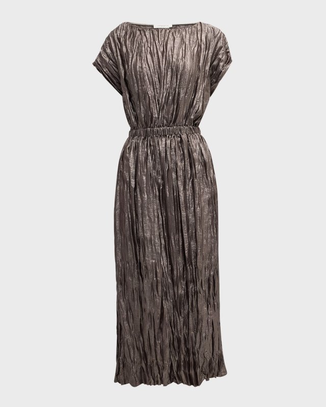 Crinkled Metallic Foil Midi Dress