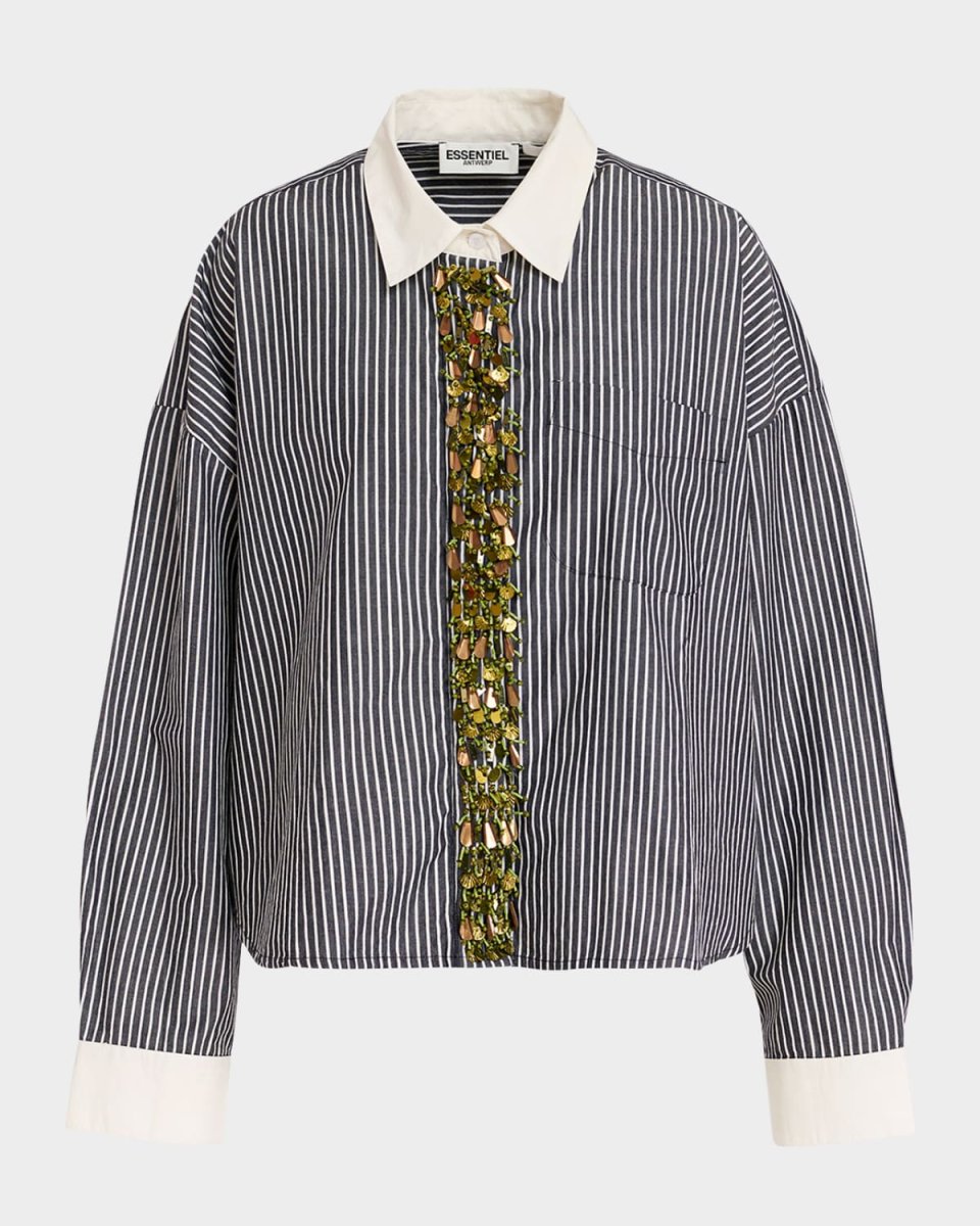 Gail Striped Button-Front Shirt with Embellished Placket
