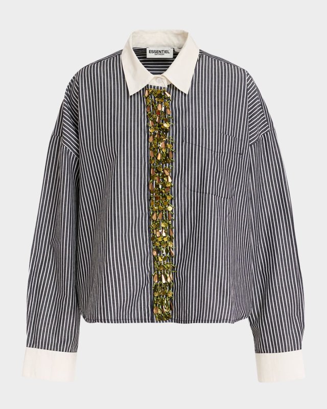 Gail Striped Button-Front Shirt with Embellished Placket