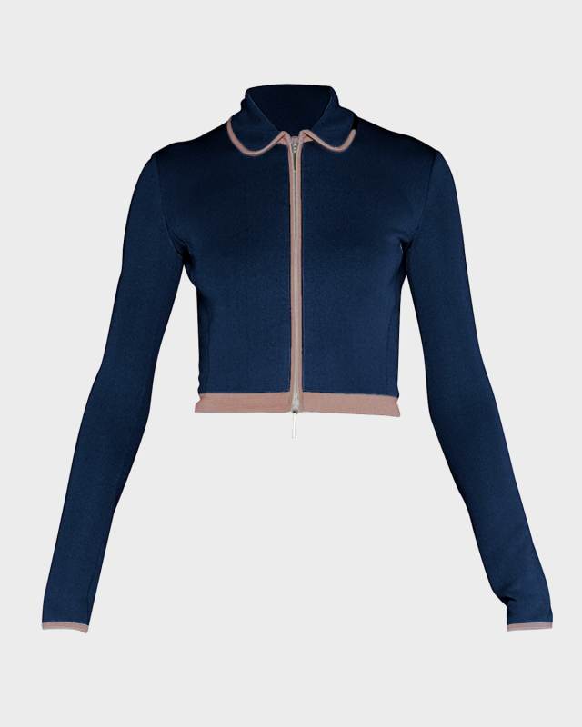 Peter Pan-Collar Striped-Edge Crop Zip Jacket