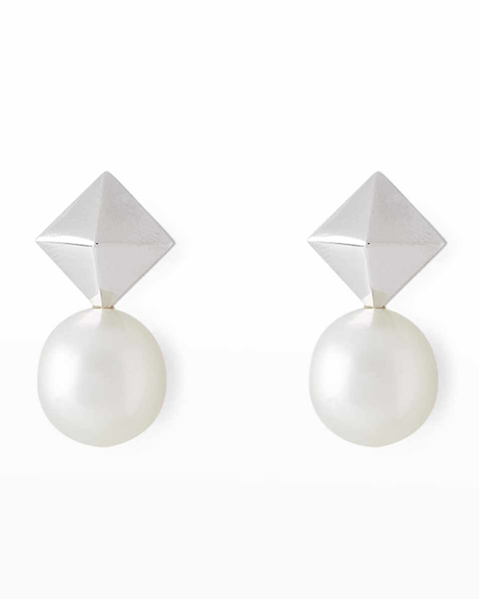 18K White Gold 1mm South Sea Pearl and Cube Earrings