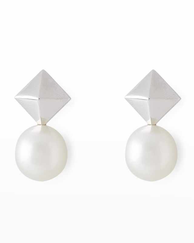 18K White Gold 1mm South Sea Pearl and Cube Earrings
