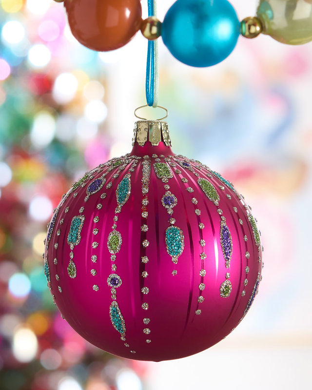 Matte Pink Ball Ornament with Brights Design