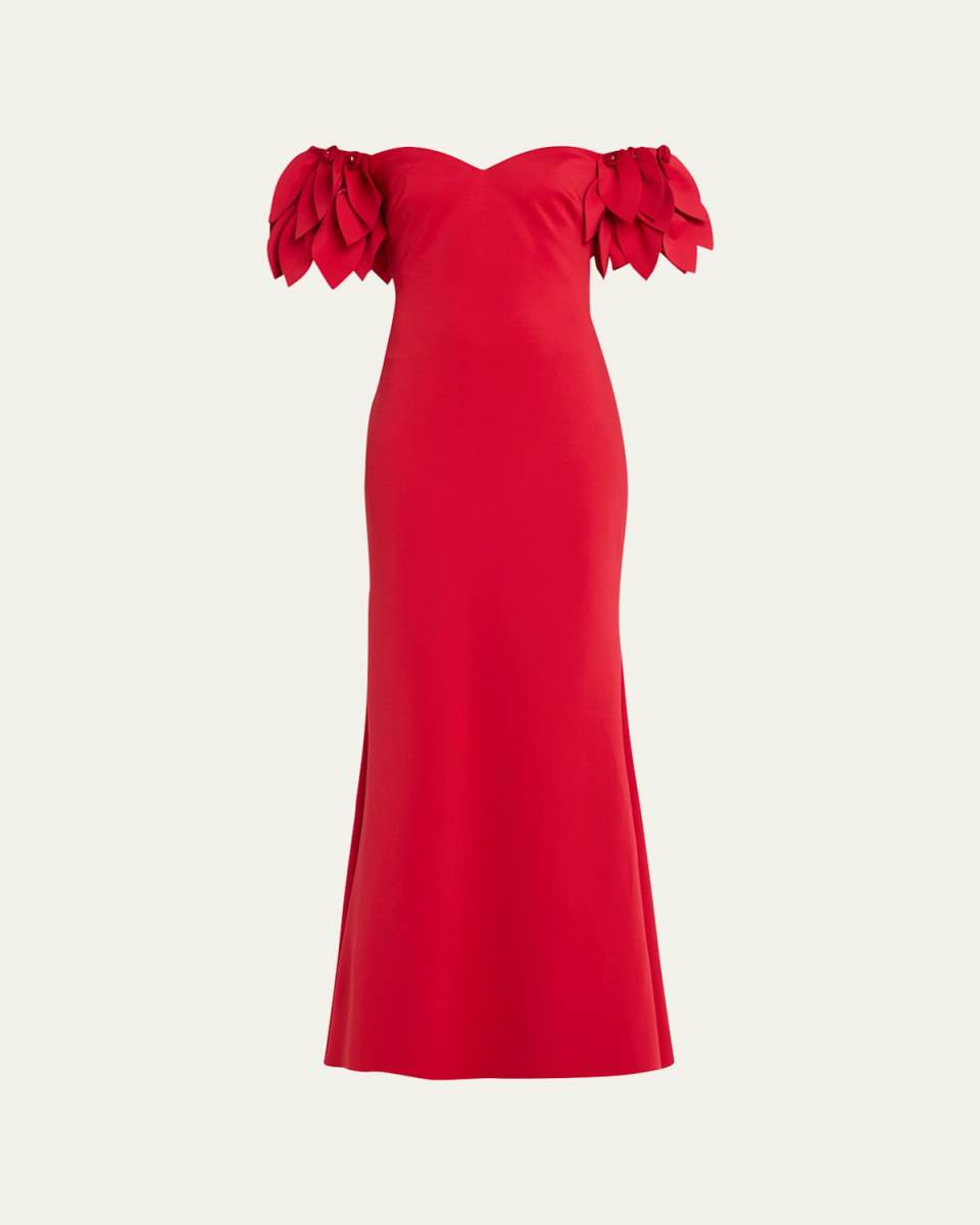 Off-Shoulder Floral Applique Trumpet Gown